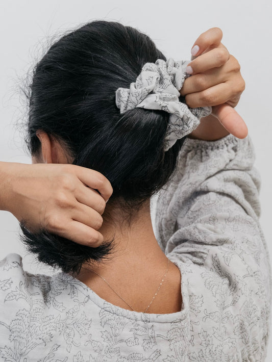 Soft muslin hair scrunchie in salt grey